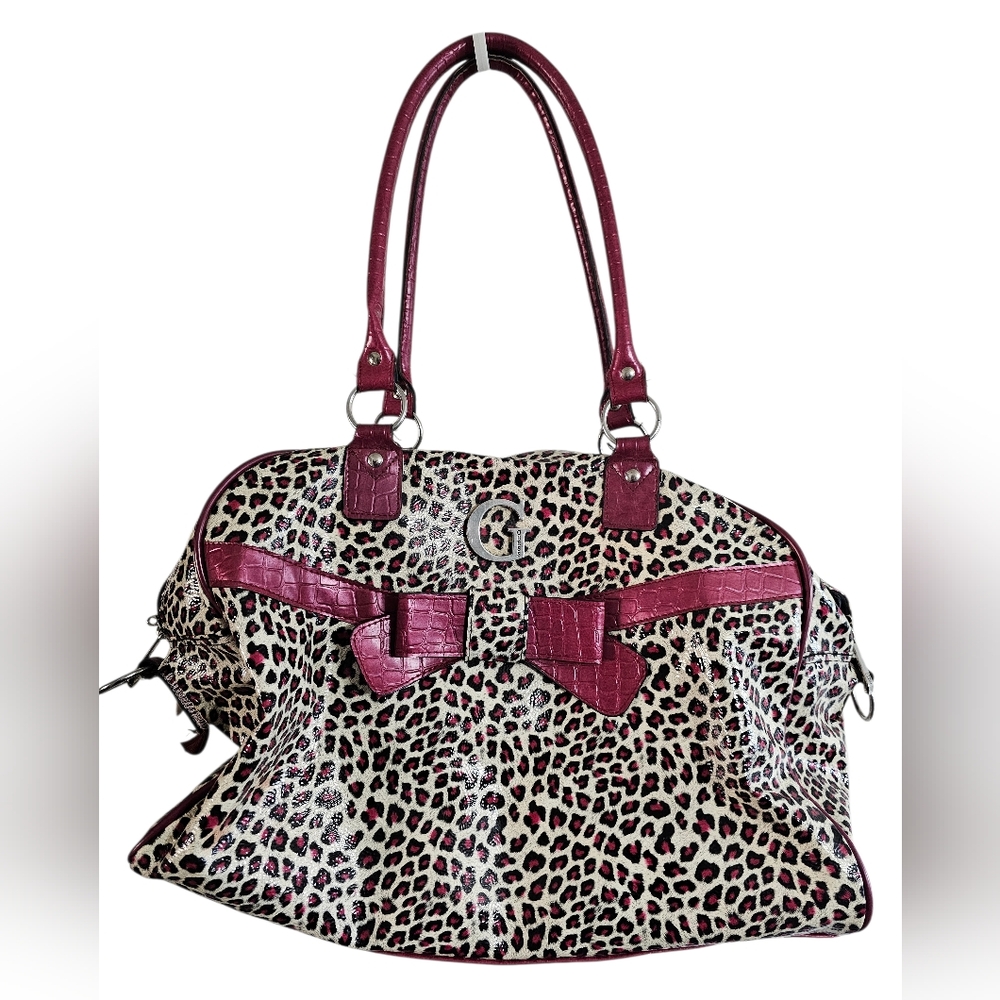 Guess Leopard Print Duffel Bag Burgundy Faux Croc Trim Bow Y2K Handbag Rare HTF - Picture 2 of 10